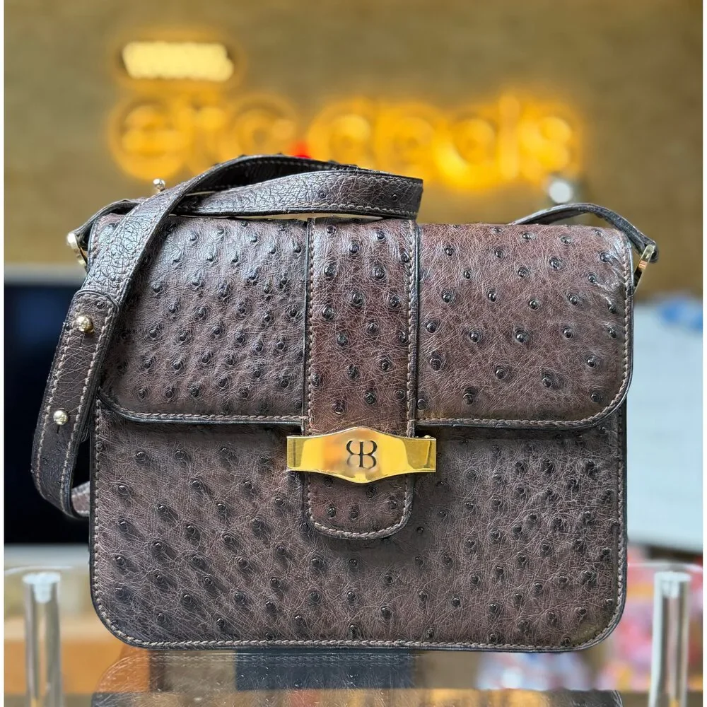 Balenciaga Brown Ostrich Leather Vintage Shoulder Crossbody Bag Gold BB Hardware